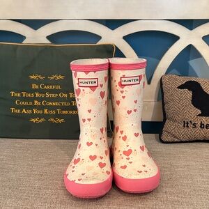 Hunter Cream and Pink Heart Rain Boots